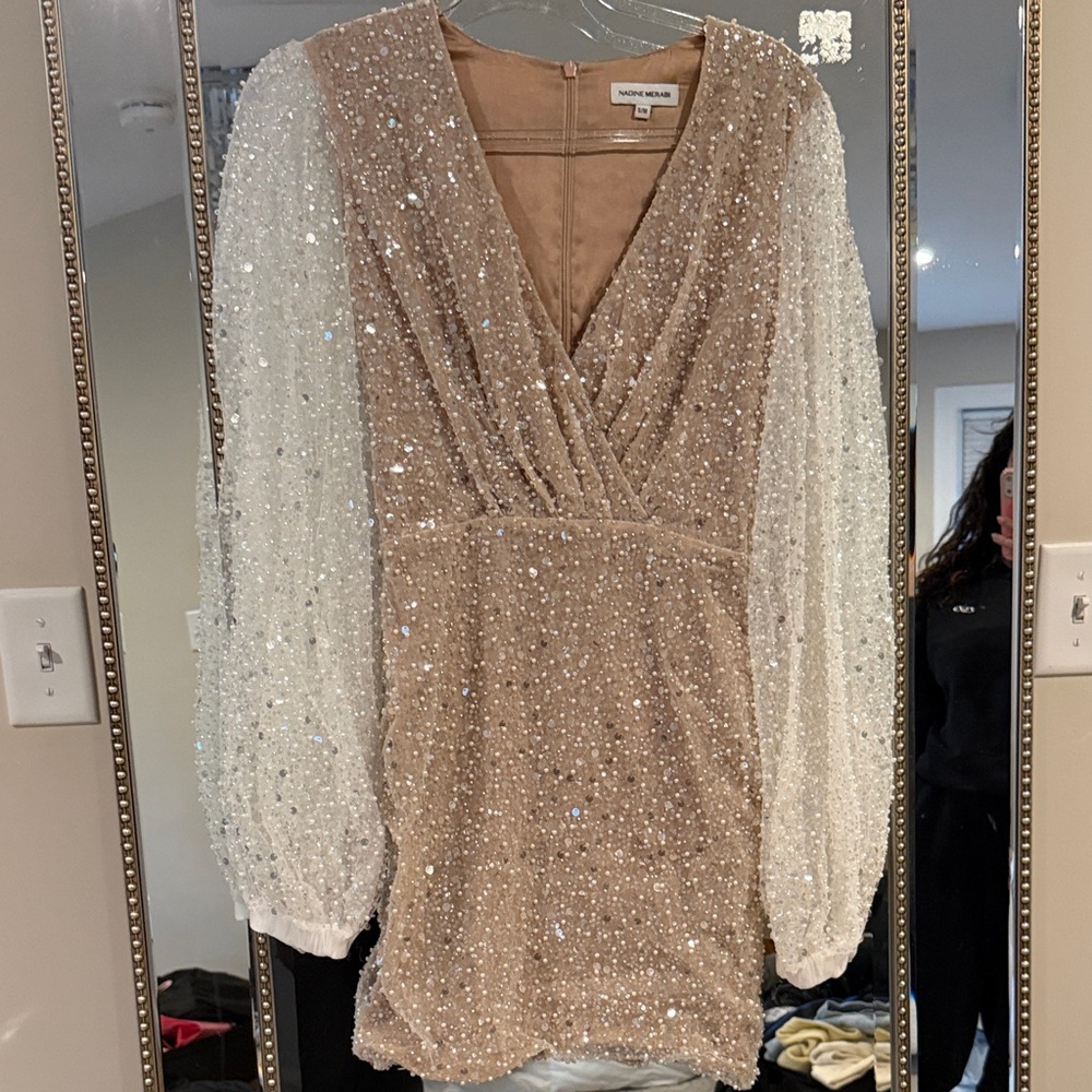 NADINE MERABI Champagne Sequin Wrap Mini Tunic with Sheer Ivory Sleeves